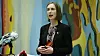 Næringsminister Iselin Nybø (V) på pressekonferanse om tiltakspakken for luftfarten som ble holdt i Vandrehallen i Stortinget torsdag kveld.