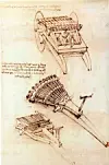 En skisse av en kanon med flere kanonrør fra cirka 1481. Den er fra den samme tiden da Leonardo framhever sine uovertrufne evner som militæringeniør i et brev stilet til hertugen av Milano. Foto: Illustrasjon fra Wikipedia, gjengitt av Ingeniøren