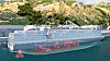 Konseptskisse for et containerskip med brenselcellemoduler og hydrogentanker.