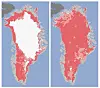 Disse to kartene bygd på satellittfotografier fra USAs romfartsorganisasjon NASA viser hvor raskt overflaten på innlandsisen på Grønland smeltet i perioden fra 8. juli til 12. juli i år.