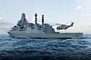 Et helikopter er i ferd med å lande på en Type 26-fregatt med norsk flagg. Illustrasjon: BAE System