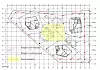 Søyleplasseringene i bygget var satt før geometrien i foldetaket kunne formes. På grunn av de åpne lyssjaktene gjennom hver etasje, måtte søylene plasseres langs fasaden og rundt de tre kjernene. Illustrasjon: Bollinger Grohmann
