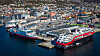 Korona-opplag. MS Midnatsol (fra venstre), MS Fram og MS Fridtjof Nansen ved kai i Bergen i april.