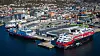 Korona-opplag. MS Midnatsol (fra venstre), MS Fram og MS Fridtjof Nansen ved kai i Bergen i april.
