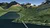 Modell av brua og ny E8. Skredforbygningene kommer oppe i fjellet nesten innerst i fjorden.