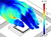 COMSOL-simulering som viser den spesifikke absorbsjonsraten (SAR) i en hånd over en mobiltelefon som ligger til lading. SAR er en måling av hvor mye elektromagnetisk energi som blir omgjort til varme. Resultatene er vist i dB relativt til FCC-grensen (verdien 0 er grensenivået)