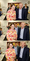 Truls Gulowsen (bak) ankom gårsdagens pressekonferanse med følgende reaksjon da han fikk øye på næringsminister Cecilie Myrseth og Rare Earths Norway-sjef Alf Reistad som hadde stilt seg opp for fotografering. Foto: Arash A. Nejad